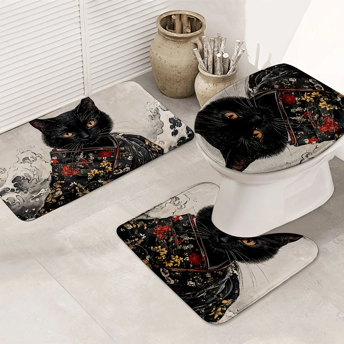 

Elegant Black Cat in Kimono Bathroom Set - Soft & Non-slip Contour Mat, Toilet Cover, and Bathtub Mat for Cozy Home Decor