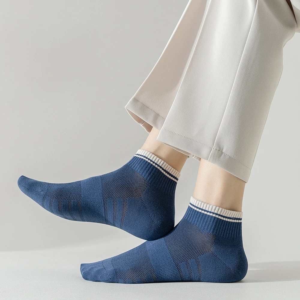 Men's Summer Mesh Cotton Socks Striped Combed Cotton Sweat Absorbent and Breathable Boneless Ankle Sports Socks