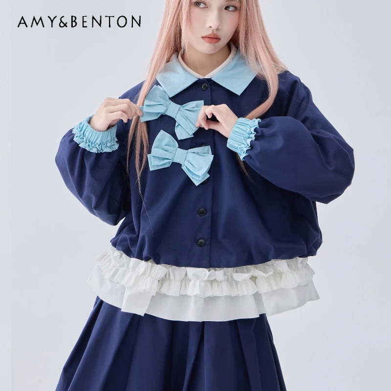 

Autumn Winter New Sweet Girl Color-Block Turn-Down Collar College Women's Jacket Korean Design Long Sleeve Bow Short Coat Ladies