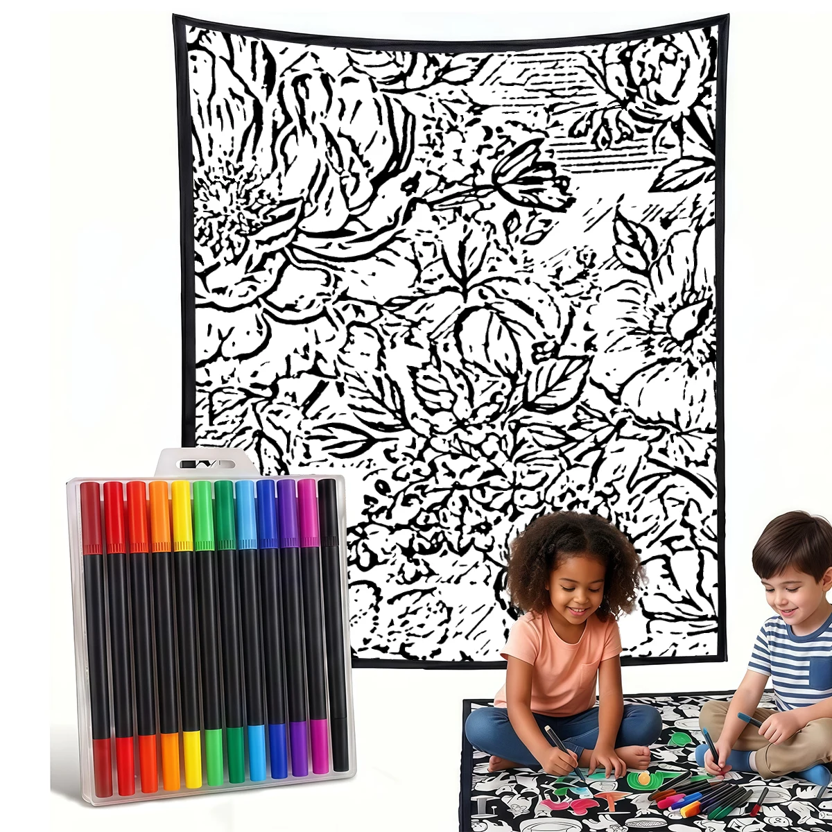Teal Pink Flowers Blue DIY Cozy Coloring Blankets -24 Markers, Cozy Velvet Ideal For Daily Use Home Decor And Kids Spaces