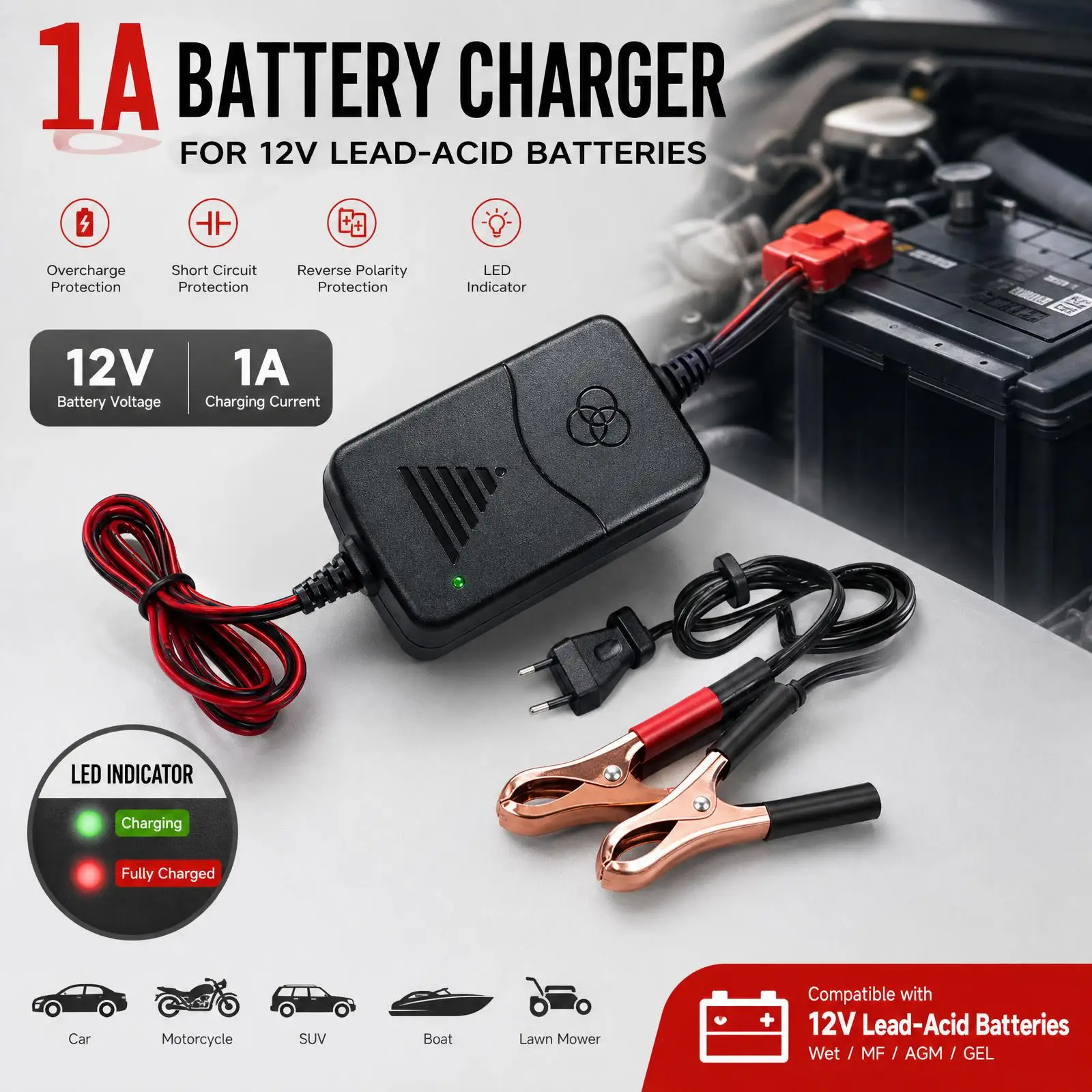 2PCS Car Battery Charger 1A Lead-Acid With Indicator Light Plastic Storage Batteries General For Car Truck Motorcycle 12V Two Wire Clip Charger Double-line Clip American Standard