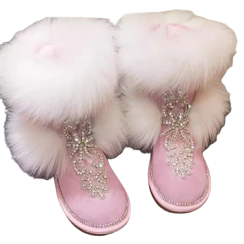 Fox hair boots Handmade custom winter rhine-diamond plus fleece warm boots beaded fur boots women\'s large size 35-44