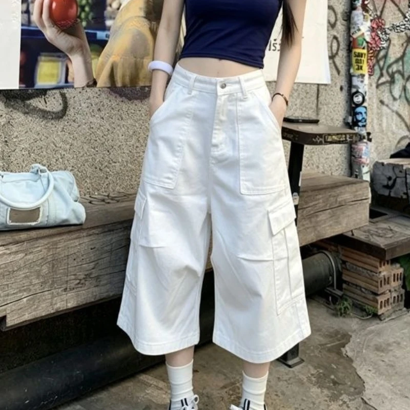 Women White Capri Pants High-waist Streetwear Multiple Pockets Loose Wide Leg Shorts Cargo Denim Fabric Straight Medium Pants