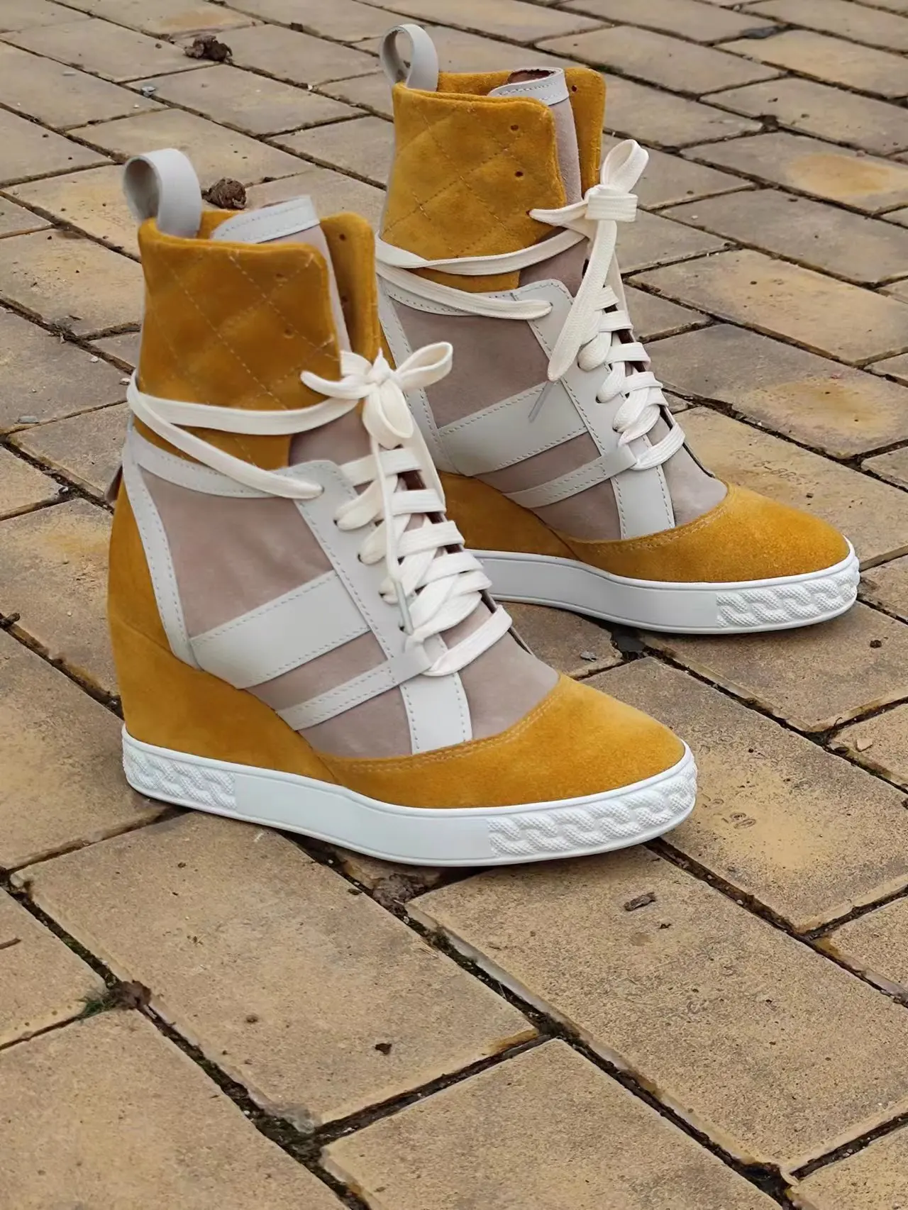 

Yellow Real Leather Mixed Color Height Increasing Women Ankle Boots Ladies Round Toe Lace-up Flats Casual Shoes Sneakers 2024