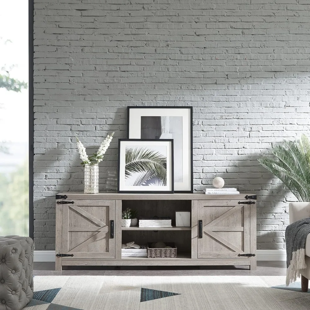 Farmhouse TV Stand for TVs Up to 75 inches, Wood Barn Door Media Television Console Table with Storage Cabinets