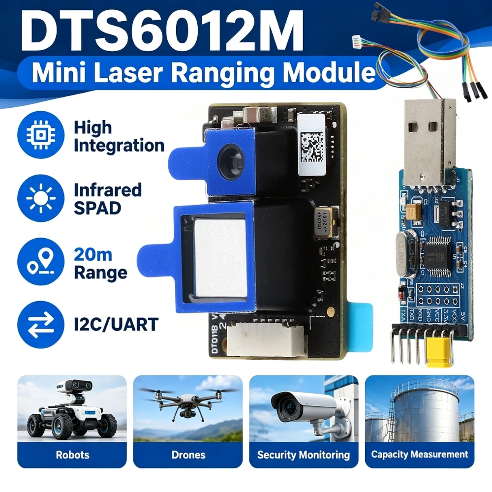 DTS6012M Mini Laser Ranging Module Single Channel DTOF 20m Range I2C UART SPAD Infrared Sensor High Precision Rangefinder