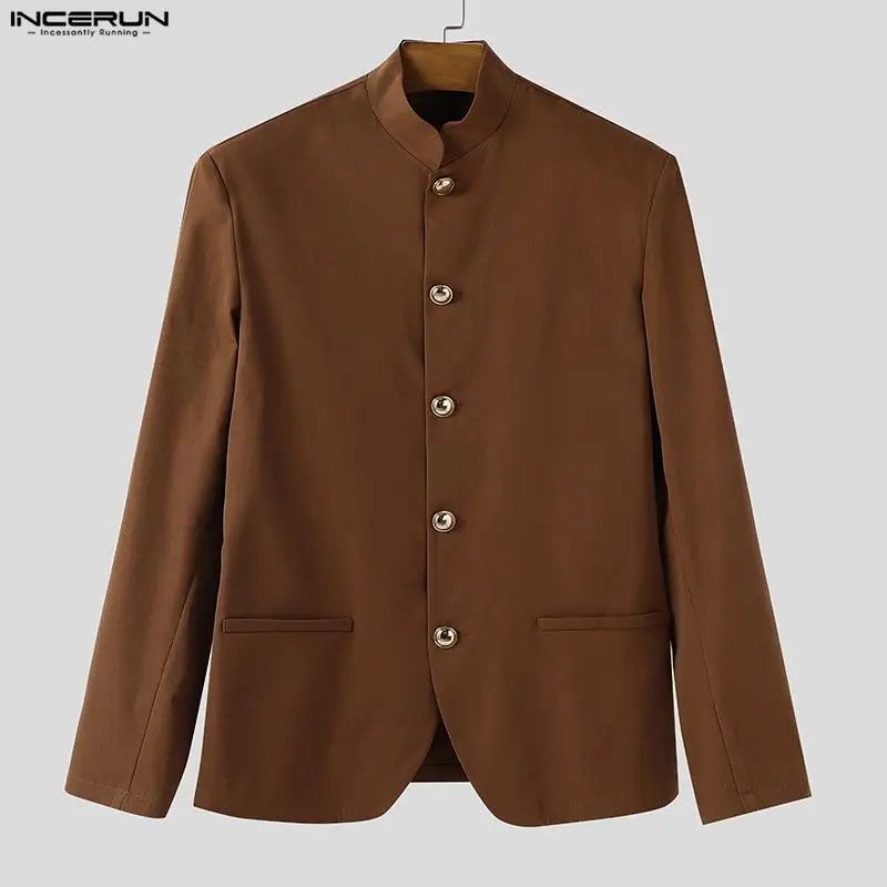 INCERUN Men Blazer Solid Color Stand Collar Long Sleeve Button Male Suit Streetwear Elegant Fashion Casual Thin Coats Men S-5XL