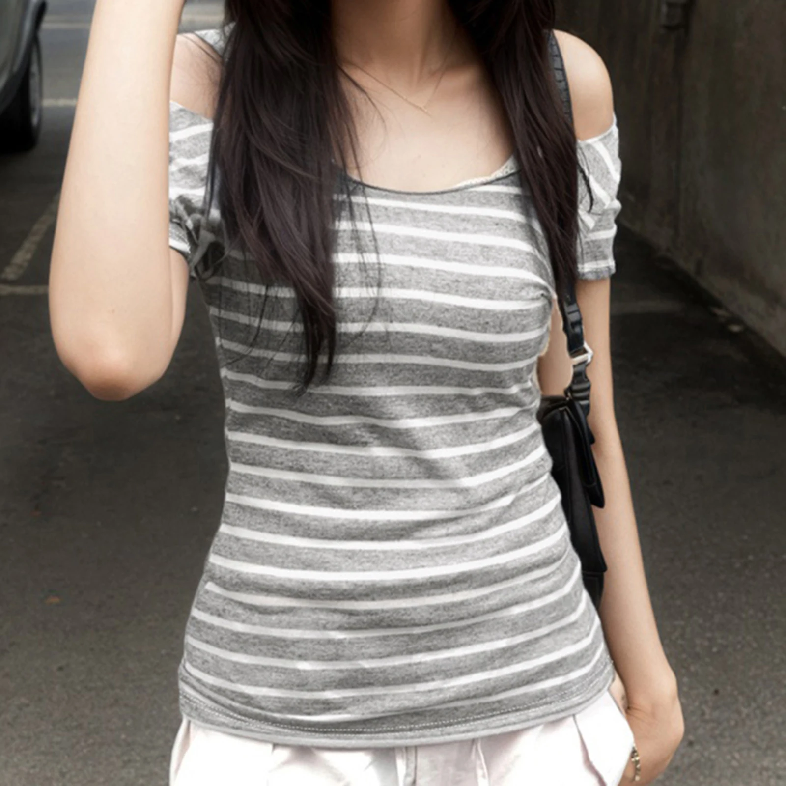 Summer Vintage Stripes Print Off Shoulder Tops Women's Short Sleeve Slim Fitted T-Shirts Club Streetwear