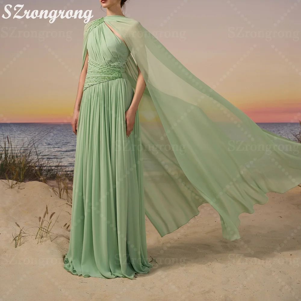 Op maat gemaakte charmante chiffon geplooide gelaagde avondjurk met één schouder Jersey A-lijn backless maxi kralen Saoedi-Arabische jurk