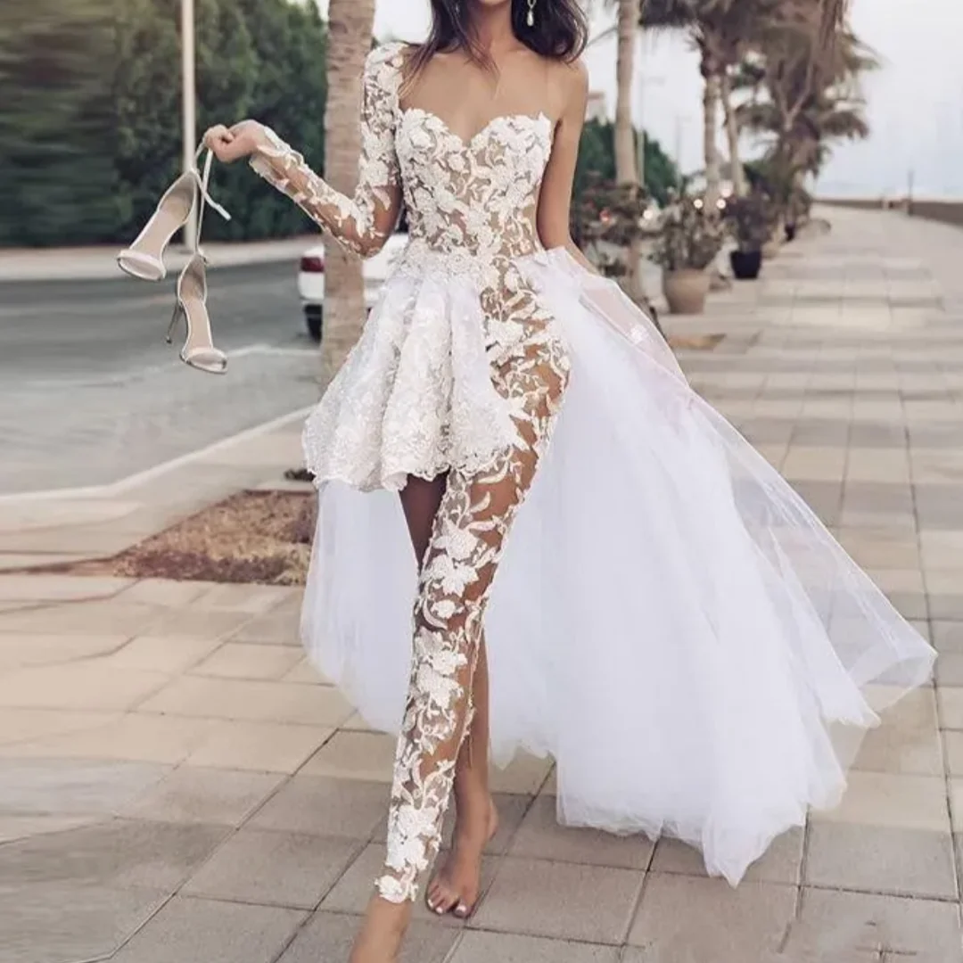 

Attractive One Shoulder Long Sleeve Overskirt Bridal Gowns A Line Appliqued Beaded Lace Jumpsuit Wedding Dresses Customized
