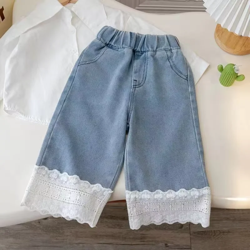 Girls Spring Autumn Jeans New Arrival Kids Lace Trim Straight Pants Toddler Baby Casual Denim Trousers Clothing 90-140CM