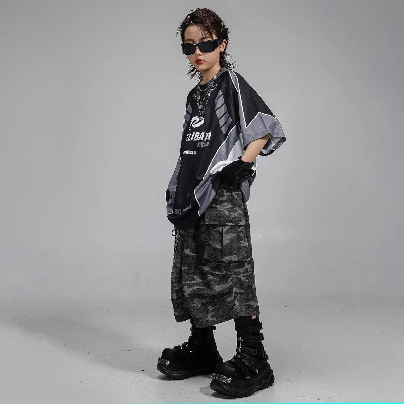 Jungen Hip Hop Lose T-shirt Cargo Camo Shorts Mädchen Straße Tanzen Bluse Kinder K-pop Kostüme Kleidung Kinder Jazz Streetwear