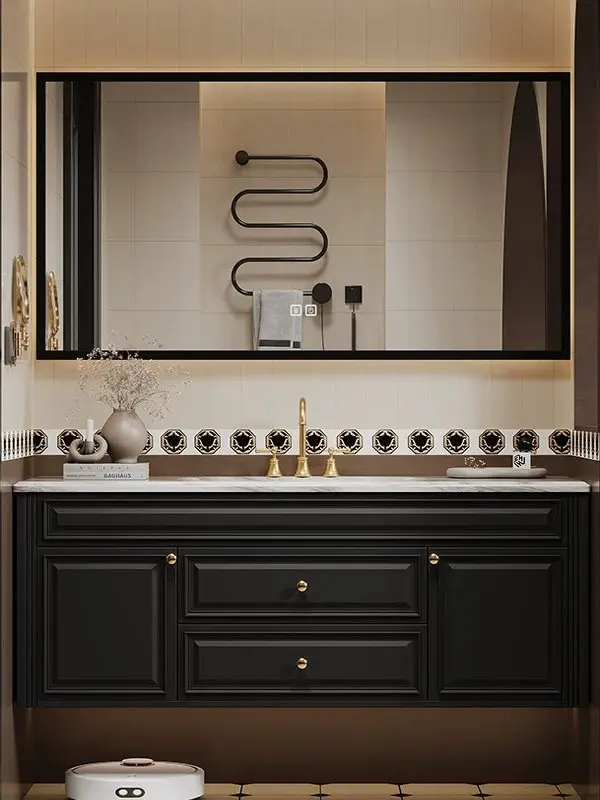 Bathroom Vanity,French Retro Oak Lacquered Cabinet with Rock Slab,Curved Integrated Basin Washstand,Black Wall Mounted