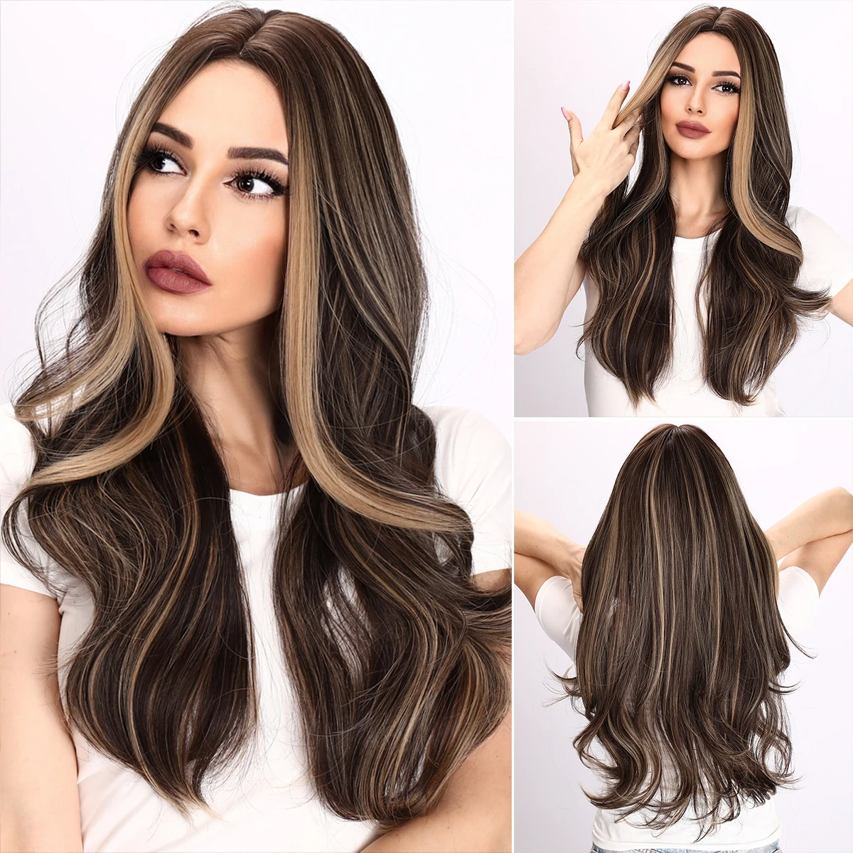 

Chic Everyday Style: 26-Inch Synthetic Fiber Black Brown Ombre Highlighted Curly Hair Wig with Natural Center Parting, Effortles