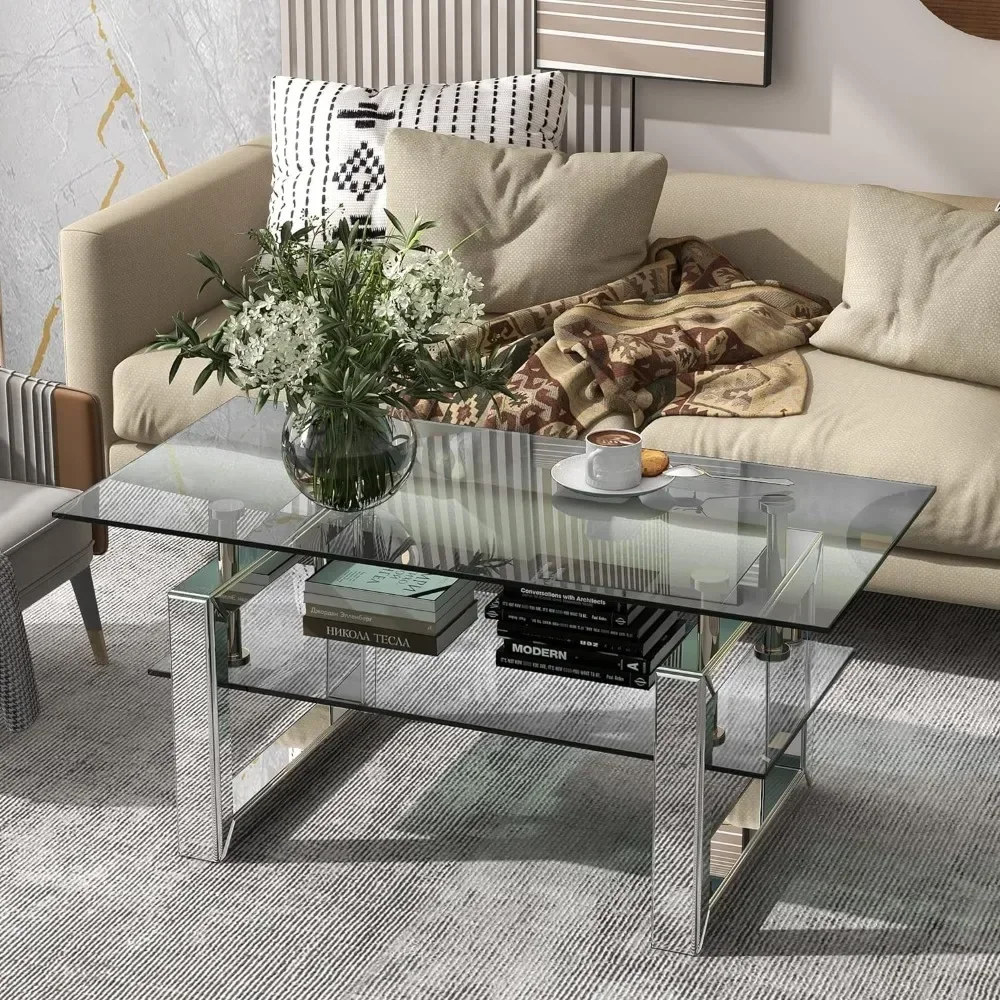 Glass Coffee Table, Modern  with Lower Shelf and Mirrored Legs for Living Room, Home Office, Coffee Table