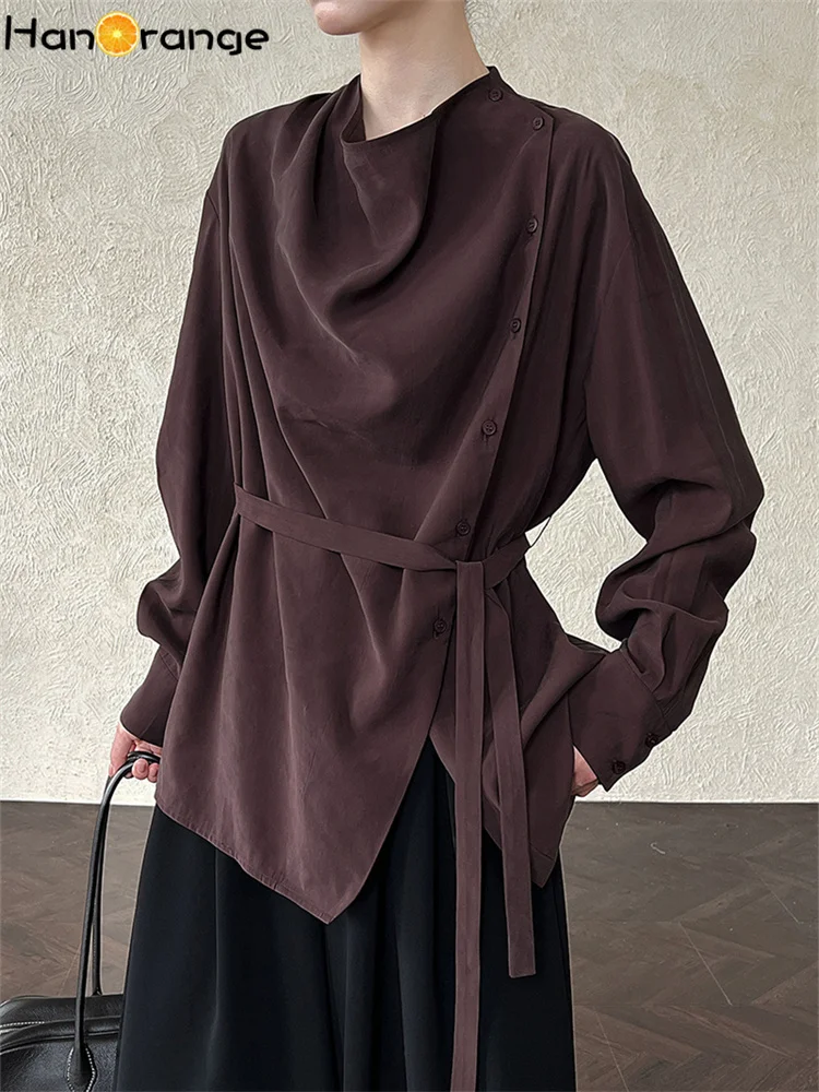 

HanOrange 2025 Niche Swing Collar Tied Waist Small Shirt Women 2025 Autumn Temperament Design Shirt White/Coffee