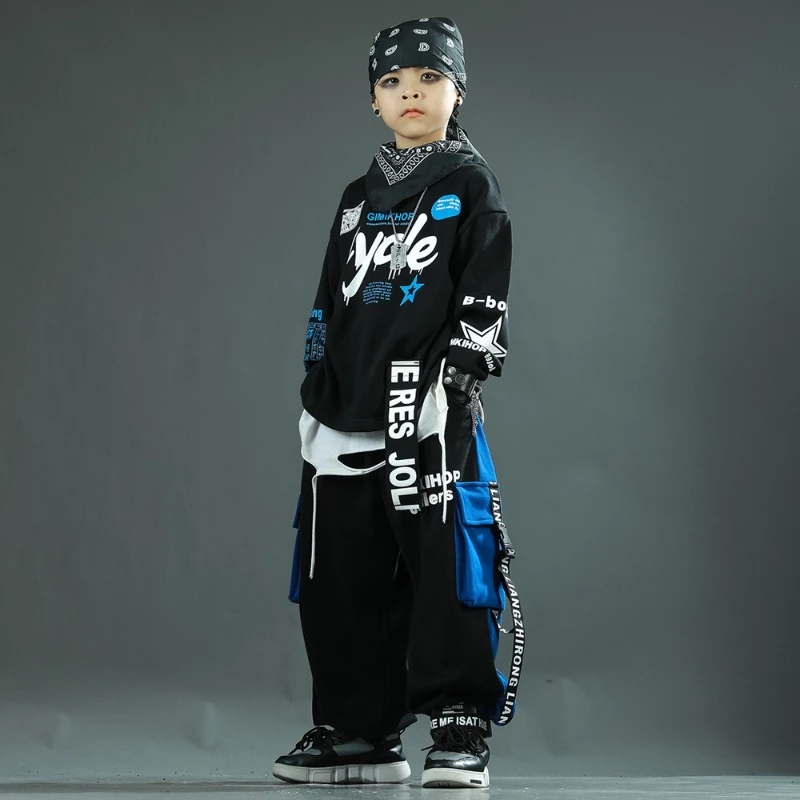Neue Jungen Hip Hop Tanz Kleidung Set Schwarz Sweatshirt Casual Hosen Baggy Street Wear Gruppe Jazz Praxis Kleidung Leistung Anzug