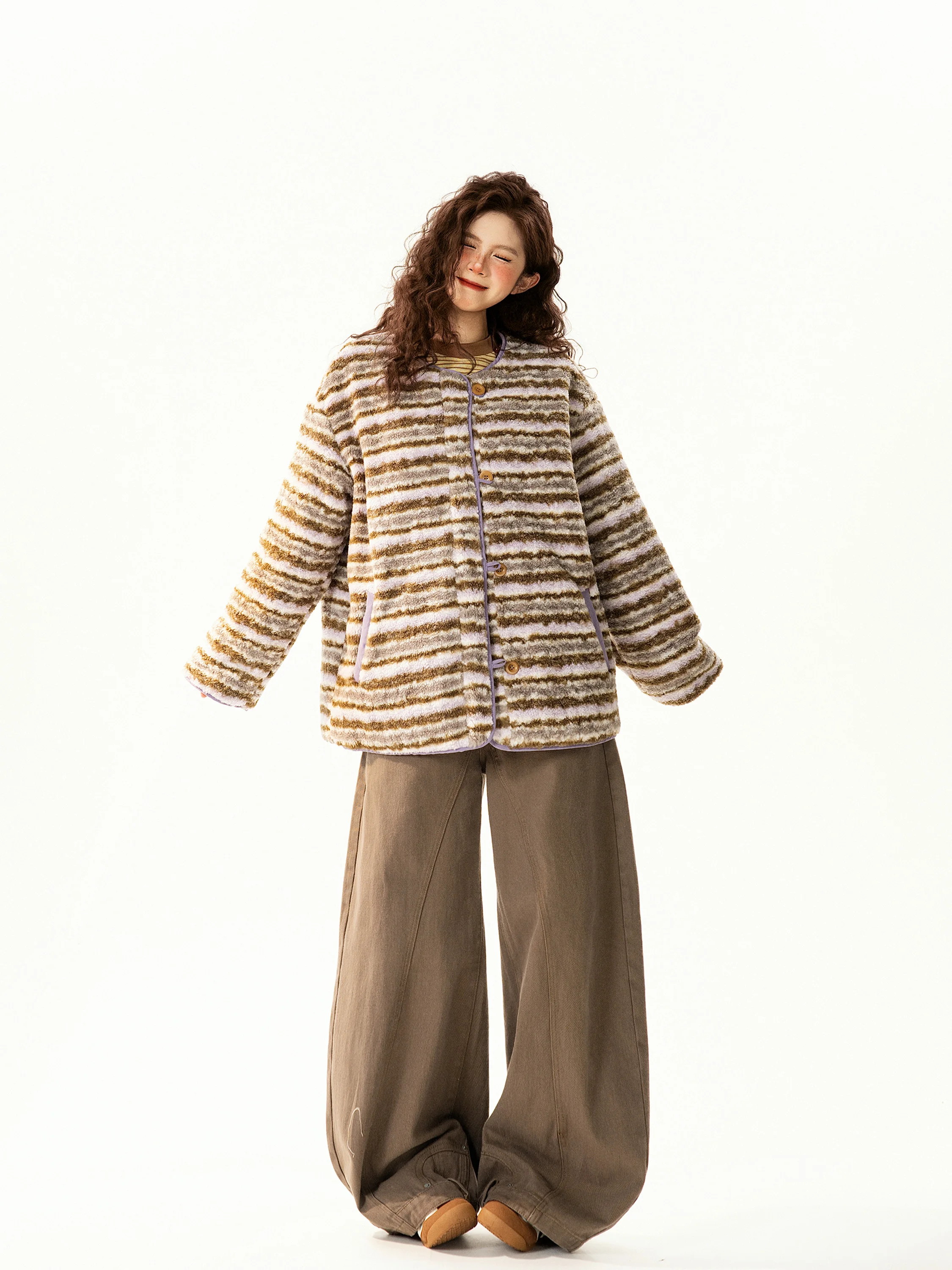 

Двусторонняя свободная женская хлопковая куртка в стиле ретро с цветными полосками, теплая верхняя одежда для повседневной носки, с длинными рукавами