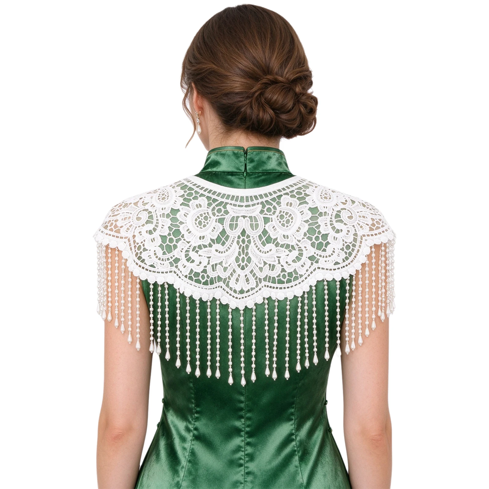 Women 1920s Hollow Out Lace Shawl Wrap Evening Dress Cover-up Plastic Beaded Tassel Cape for Birthday Wedding Banquet Party