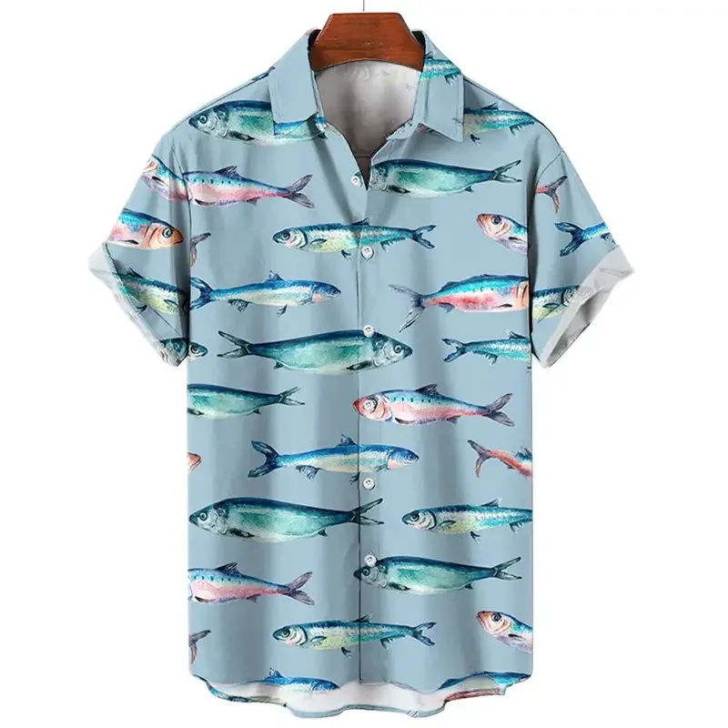 Men'S Hawaiian Shirts 3D Print Fish Graphics Fashion Button Short Sleeve Lapel Streetwear Hawaiian Blouse Shirts For Men Summer