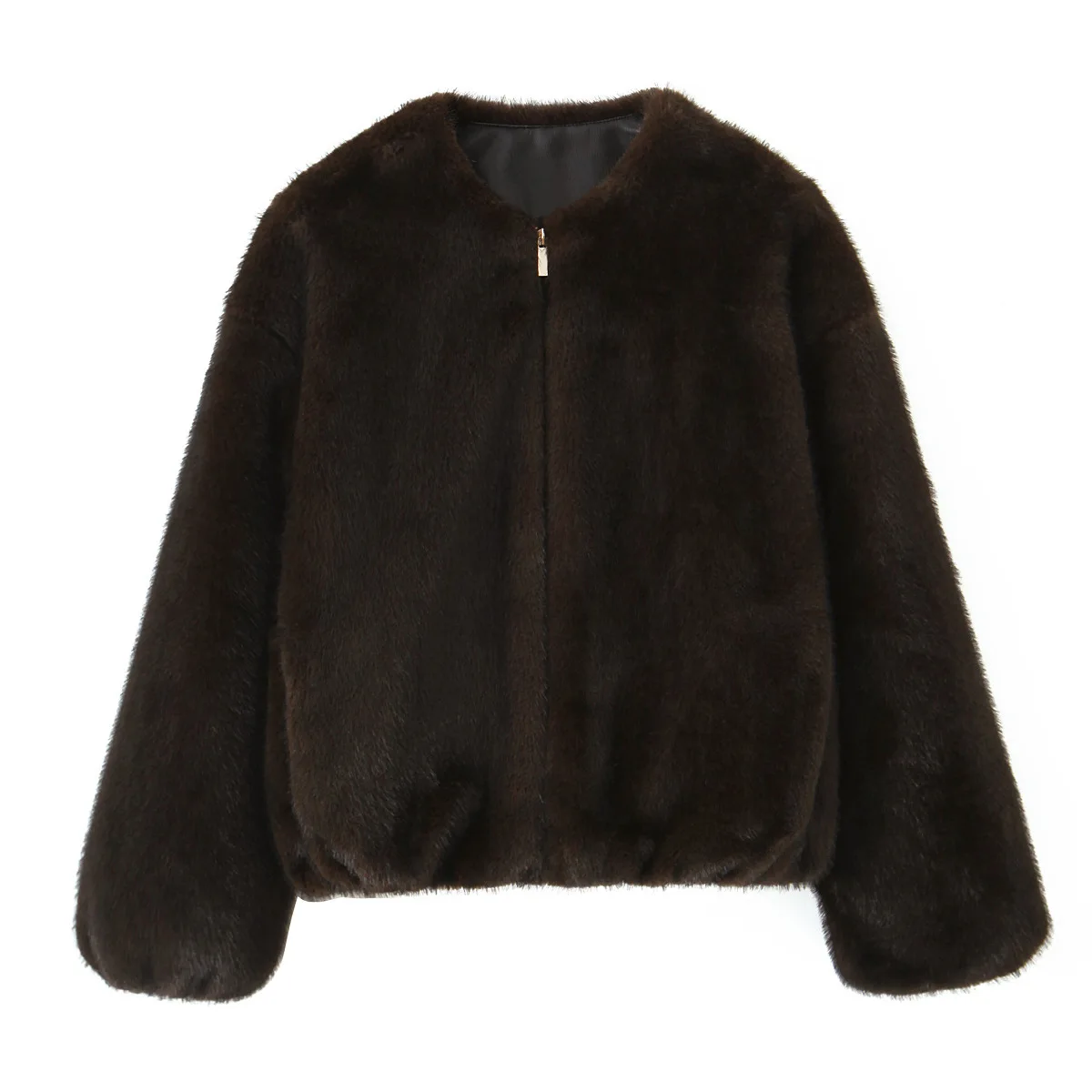 

Woman Faux Fur Bomber Jacket Vintage Round Neck Zipper Long-sleeved Solid Color Cropped Jacket Early Autumn New Female Chic Top