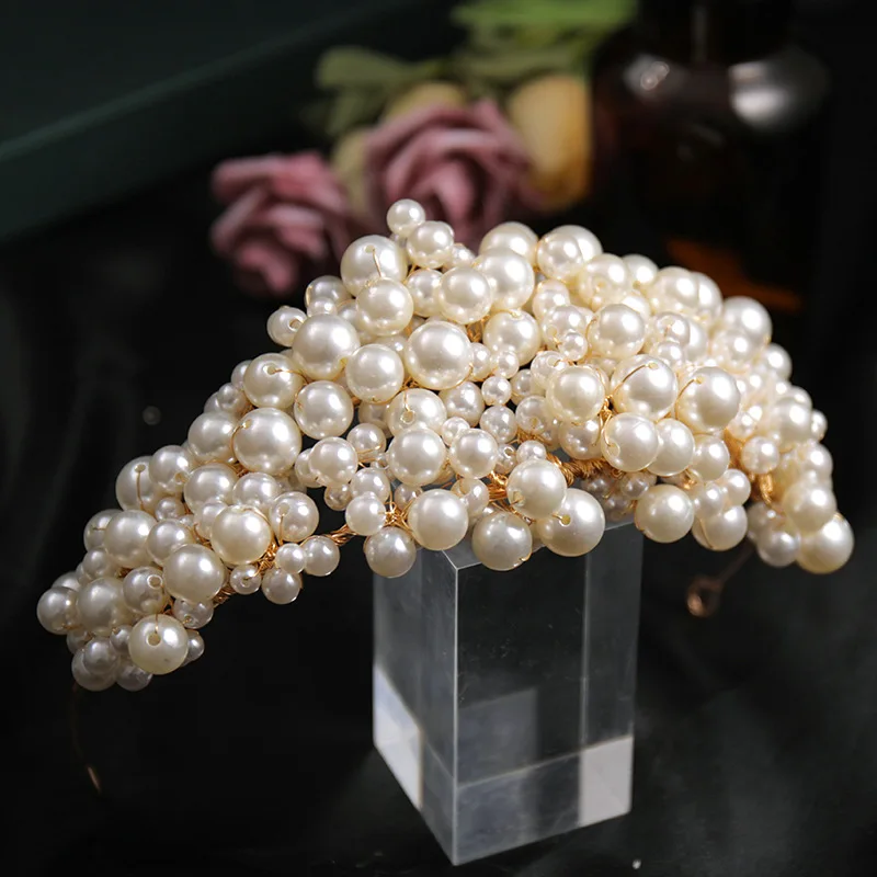 White Pearls Tiaras and Crowns for Bride Wedding Veil Decor Jewelry Fashion Headbands for Women Girls Costume Hair Ornaments