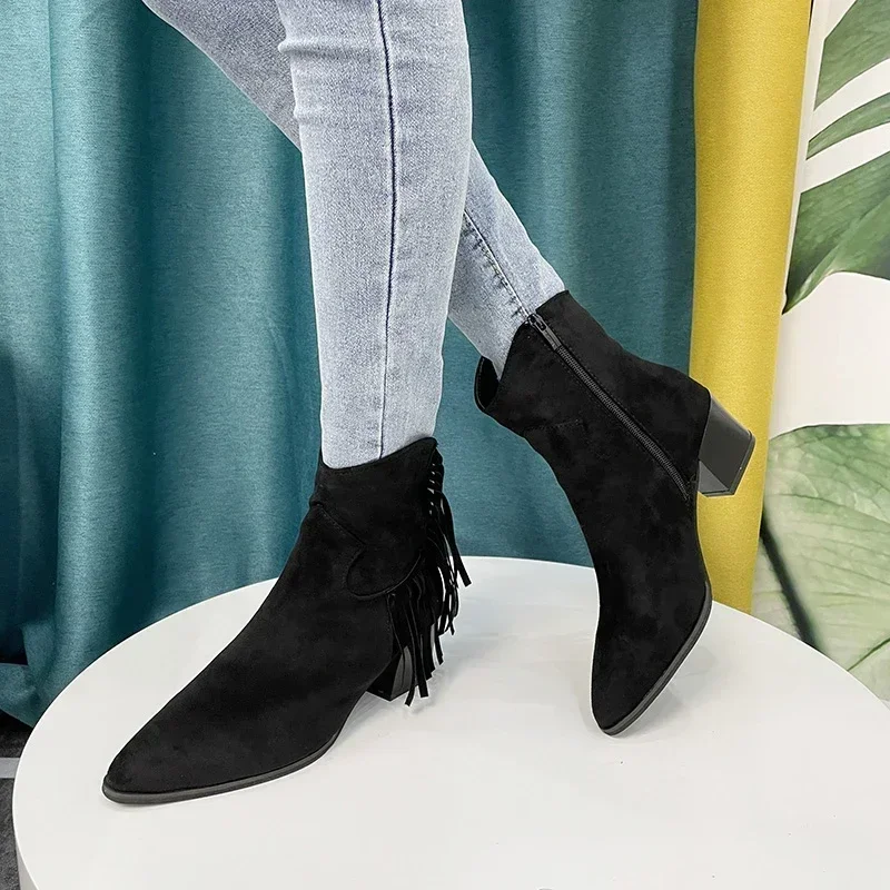 

2024 Chelsea Boots Square Heel Side Zip Solid Color Ankle Heels Western Cowboy Style Shoes Elegant Woman Heeled Punk Plus Size