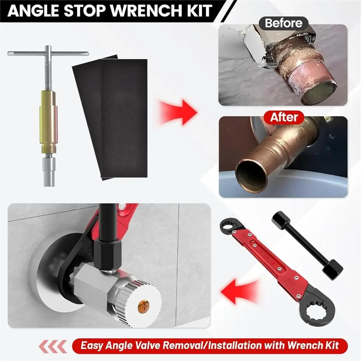 6 Pcs Plumbing Tools Kit with Angle Stop Wrench & 1/2-Inch Compression Sleeve Puller,Plumbers Wrench, Sandpaper