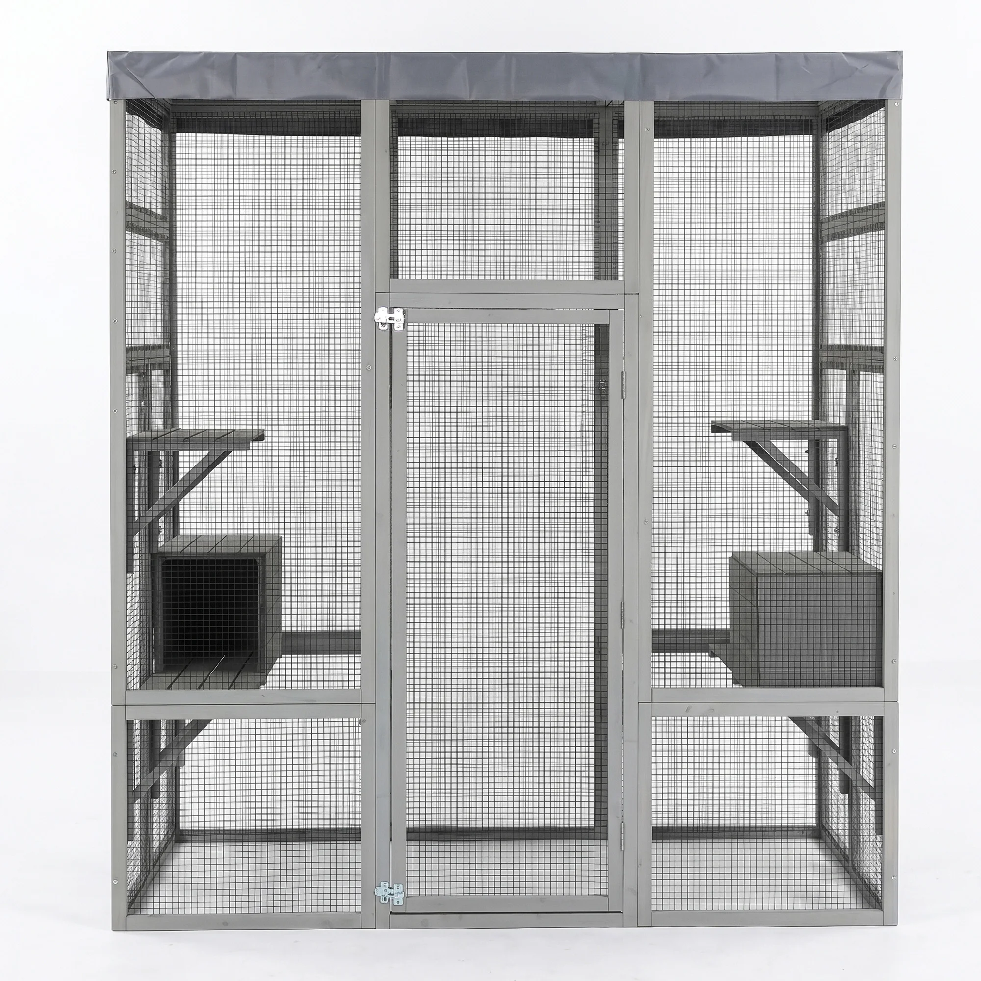 Gray Wooden Catio Pet Enclosure with Waterproof Top, Spacious and Secure Cat House & Small Animal Cage,2 Napping Boxes view 8