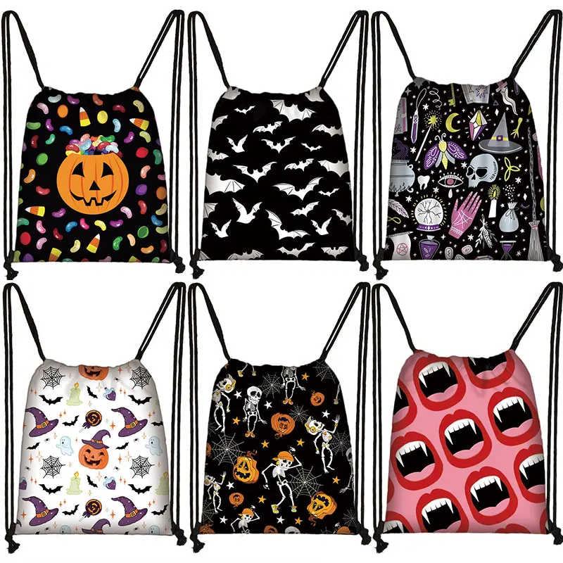 Pumpkin Bat Spider Print Backpack Women Drawstring Bags Dead Coffin Pattern Storage Bag For Teenager Bookbags Halloween Gift