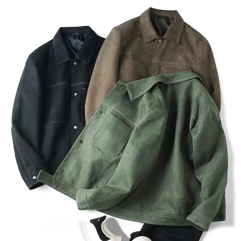 

Мужская модная рабочая куртка Trade King из высококачественной замши с гладкой текстурой, длинными рукавами, отложным воротником, смесовая ткань из полиэстера и спандекса