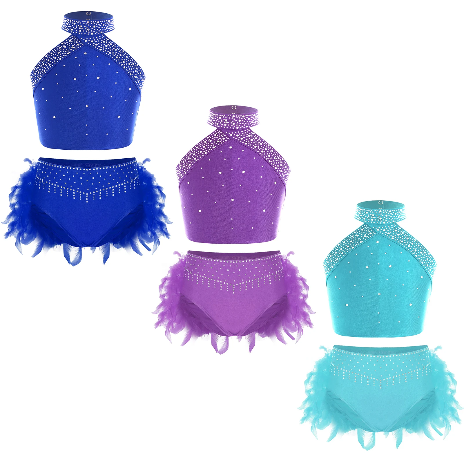 

Girls Dance Outfit for Skating Latin Ballet Stage Performance Costume Halter Neck Sleeveless Rhinestones Vest and Feather Briefs