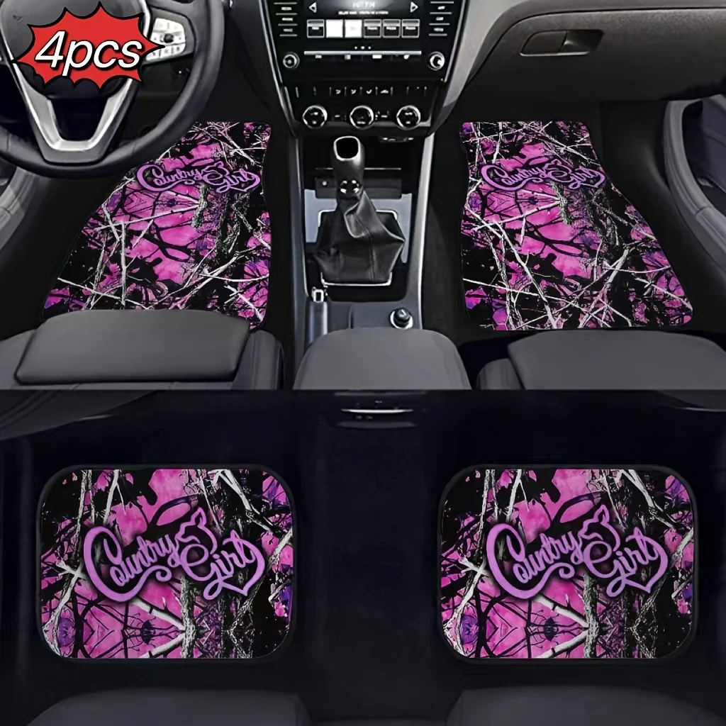 [Pink Forest Car Mats] 4pcs Pink Forest Pattern Print Car Floor Mats Set | Universal Fit Front & Rear Full Coverage Auto Interio