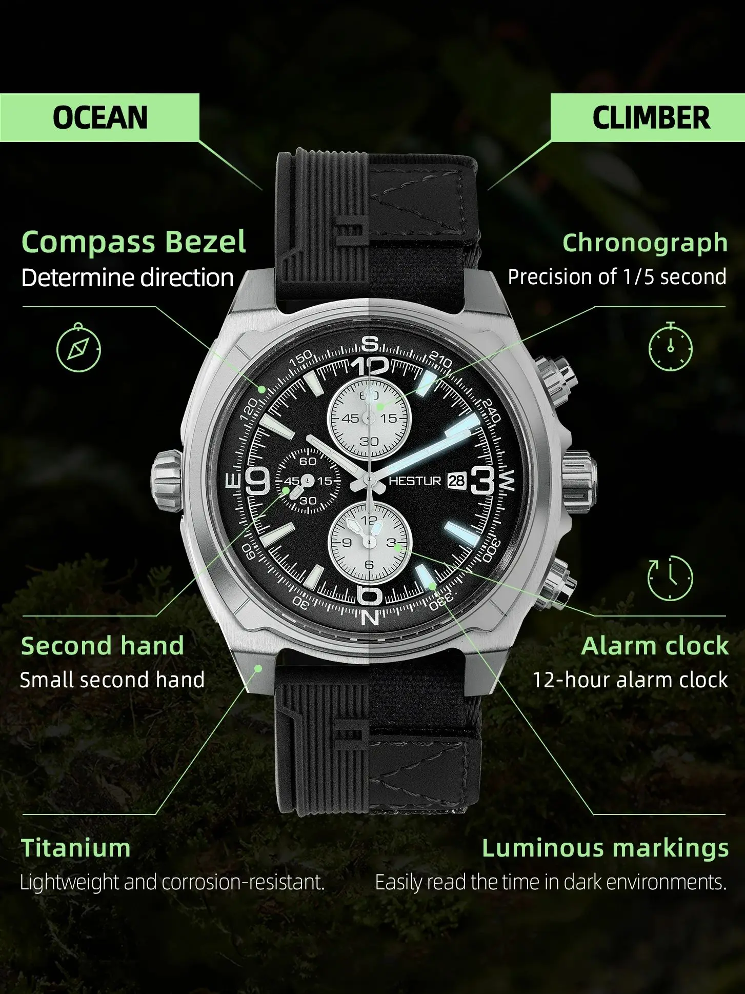 Hestur Men's Military Tactical Quartz Watch 44.5mm, Solar, Chronograph, Titanium Case, Field Wrist Watch, Sapphire, Date, 150bar