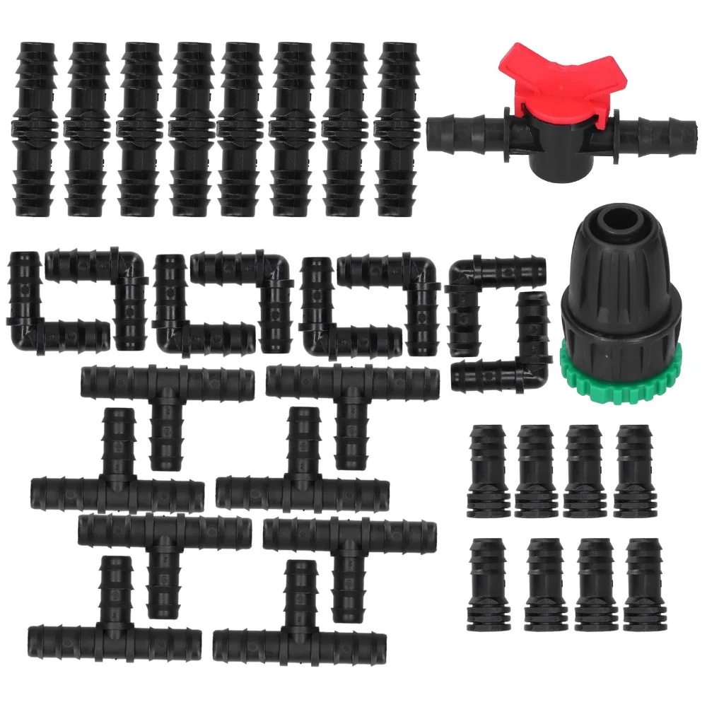34PCS Easy Install Spray Connector black Fits 16mm OD Drip Tubing Irrigation Adapter Tee Connector End Cap Plug Irrigation Tee