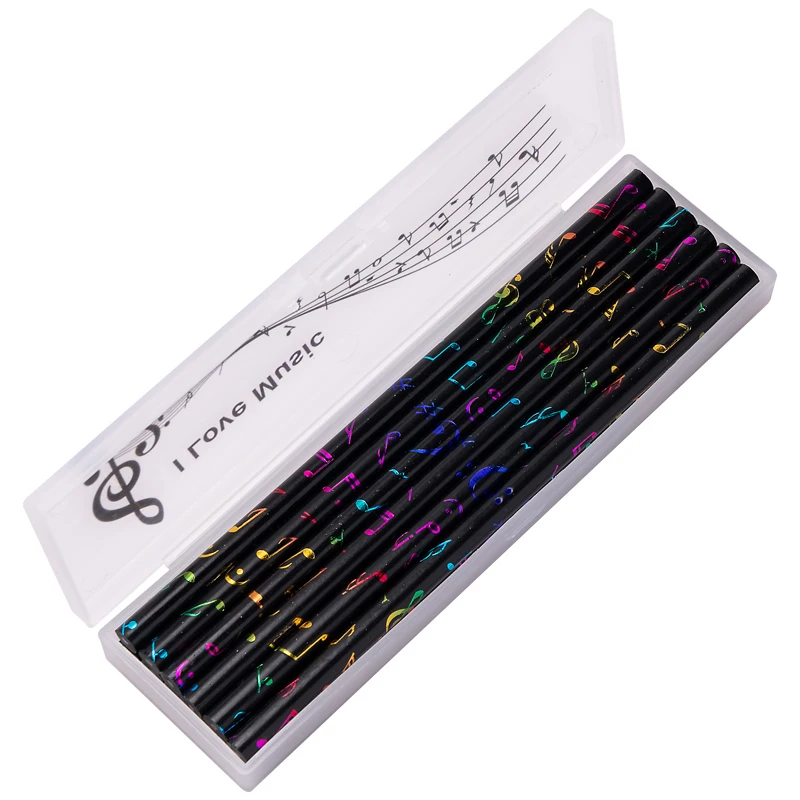 Colorful Note Black Wood Pencil Student I Love Music Stationery Treble Clef Pencil Case With 12 Pencils In Pencil Box Pencil Set