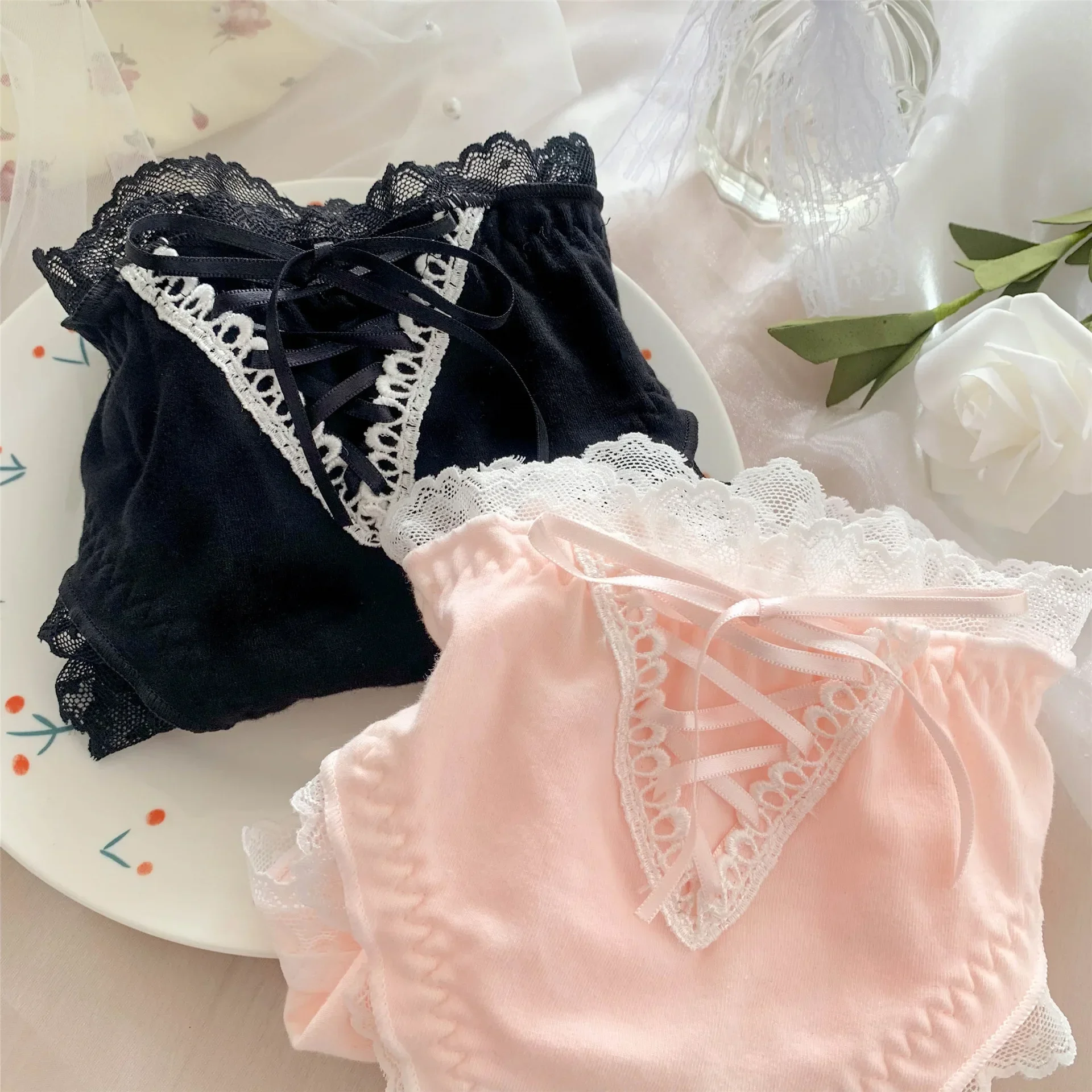 Ladies Sexy Lace Tie Bow Pink College Style Sweet Lolita Pure Desire Cotton Panties Women's Dress Fashion Breathable Wave Dots