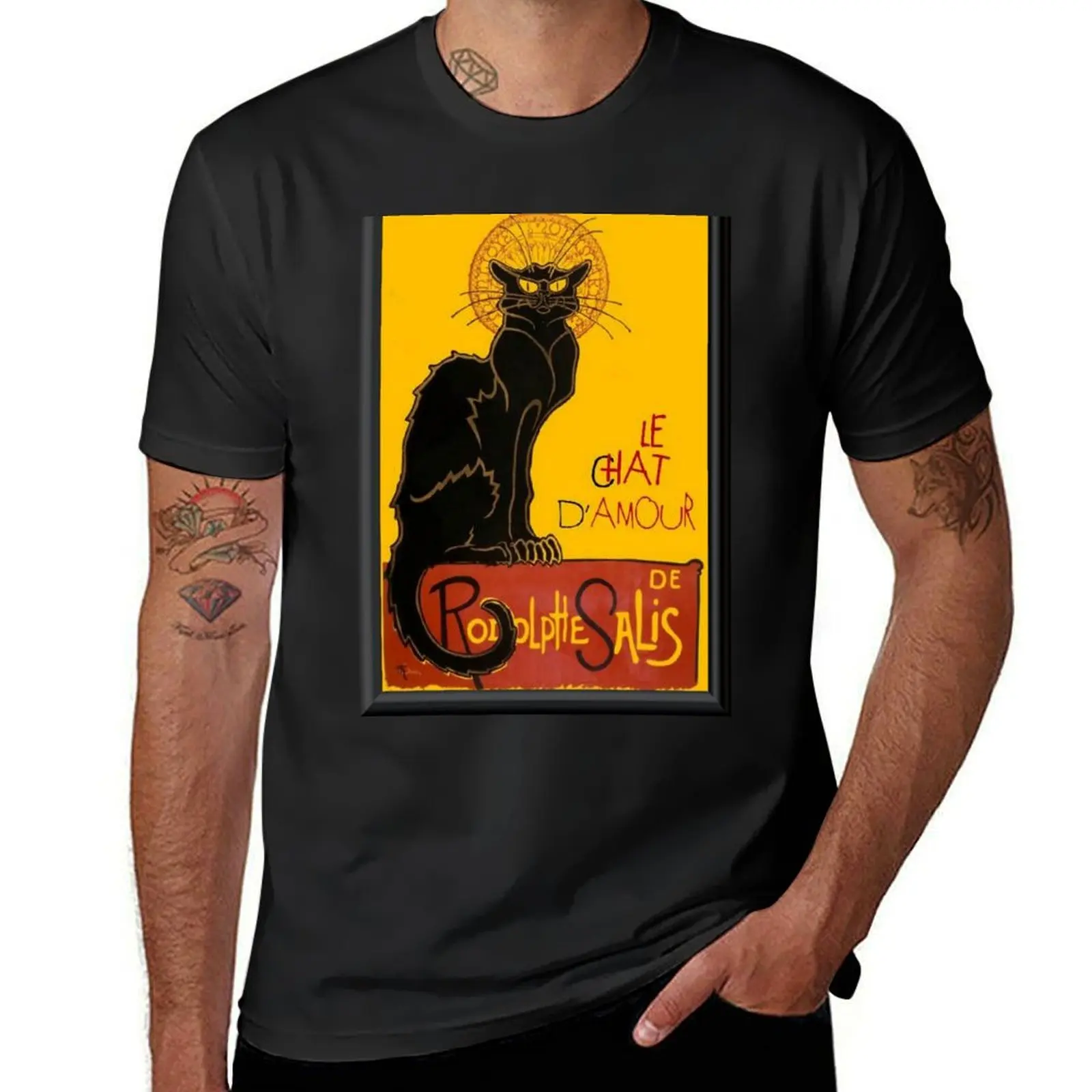 Le Chat D Amour camiseta de Vector enmarcada con Gato Negro, diseño de aduanas, camisetas altas para hombre