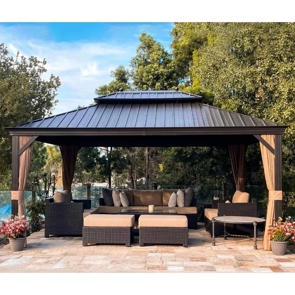 

Hardtop Gazebo 12' X 16' Metal Roof with Netting and Curtains Backyard Deck Garden Porch Patio Pavilion Permanent Aluminum