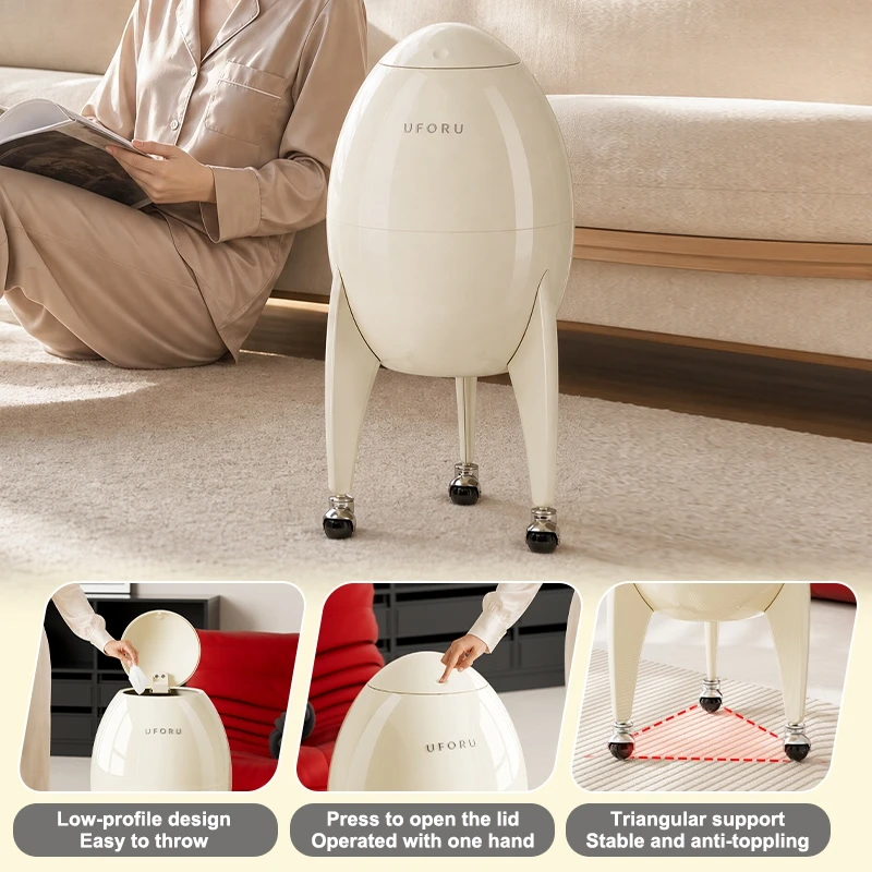 UFORU Anti-toppling Creative Trash Can One-hand Operation Triangular Support Mobile Wheels Waste Bin for Living Room