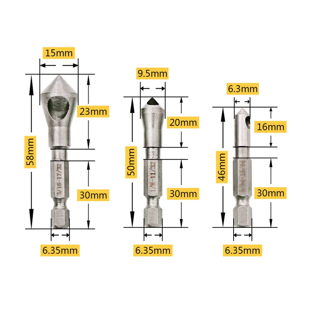 3Pcs Exquisite Crafted Countersink Chamfer Tool Kit Chip Evacuating Chamfer Drill Bits for Hole Finishing Deburring Use