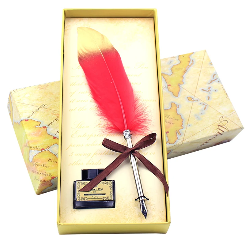 FEATTY-Golden Feather Pen Set, papelaria, material escolar e de escritório, caixa de presente bonita