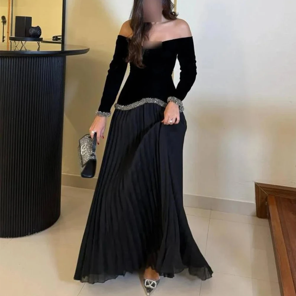 

Off the Shoulder Women Evening Dress Velour and Chiffon Draped A-Line Floor Length Customized Three Quarter Wedding Party Gowns