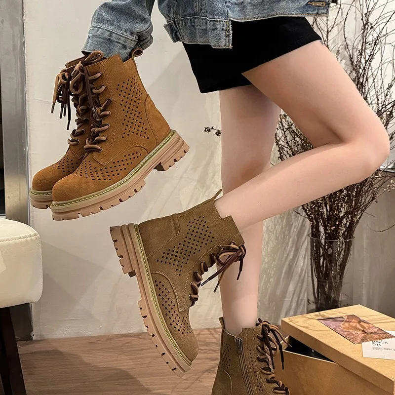 

Outdoor Hollow Out Hidden Heel Fashion Boots for Women Summer Breathable Short Boots Brown Western Mountaineering Cowboy Boots
