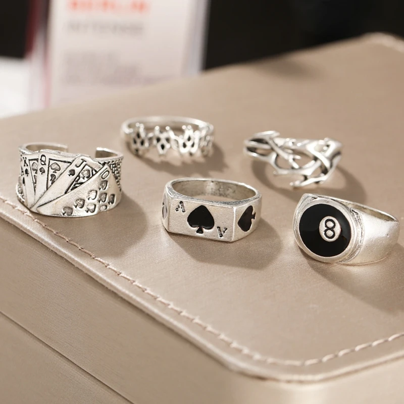 5 Pieces Unique Design Billiards Ring for Men Playing Poker Card Engagement Ring