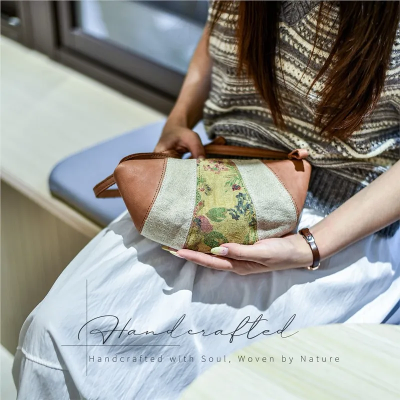 

Johnature 2025 New Retro Genuine Leather Splicing Cotton Linen Hobos Bag Premium Versatile Mini Shoulder Crossbody Bag