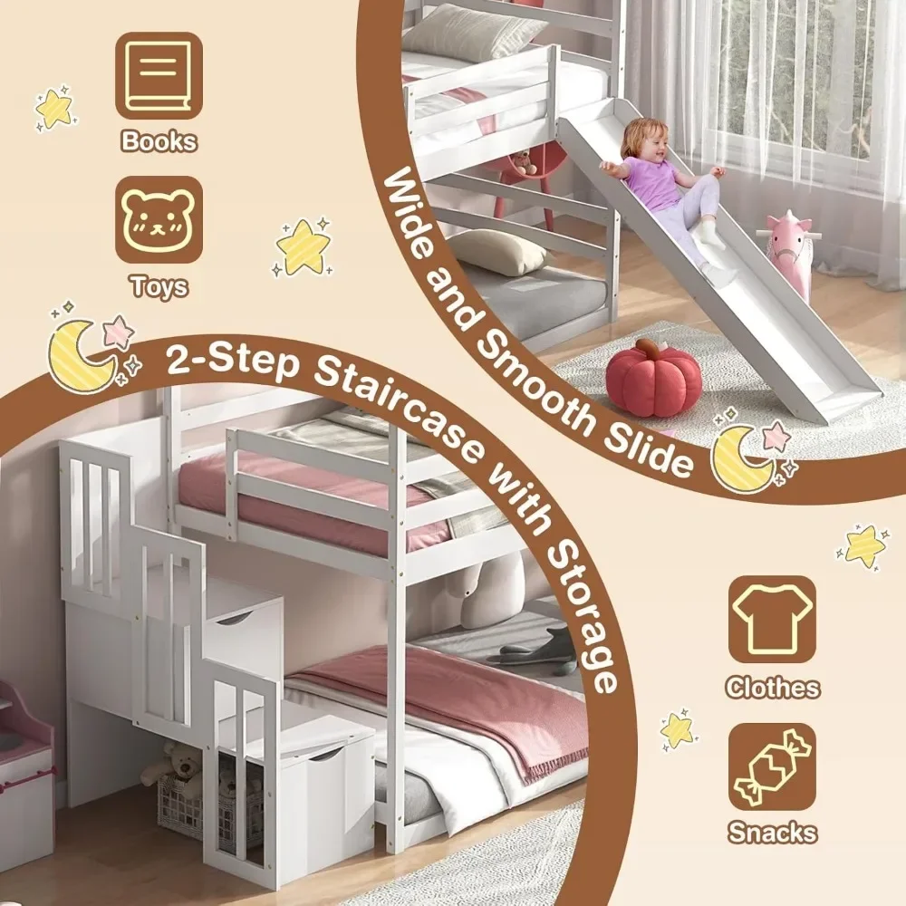 Cama doble infantil, estructura doble de madera, con escaleras correderas y almacenaje, con barandillas de seguridad, cama infantil