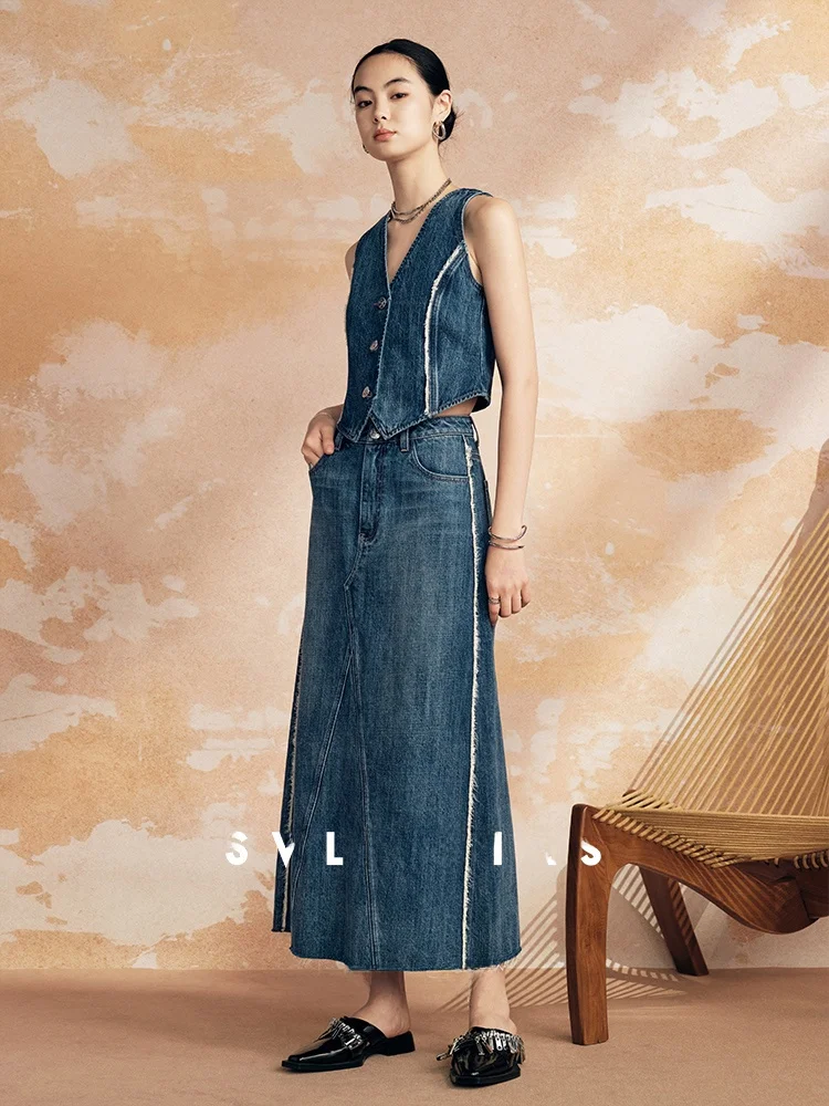 

SVLI Джинсовая юбка-миди с потертым краем и v-образным вырезом, повседневная износостойкая юбка трапециевидной формы со средней высокой талией для женщин