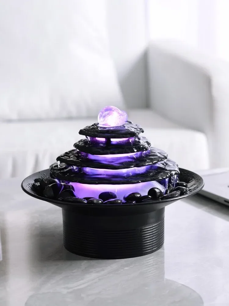 Home Decoration  Stone Flake Waterfall Tabletop Fountain 4-Layer Black Cobblestone Colorful RGB Light Glass Rotating Ball