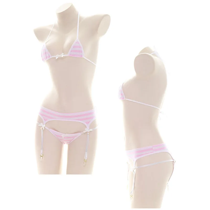 Conjunto de microbikini de 3 puntos para adultos, lencería Sexy, Cosplay de Lolita Kawaii, azul, rosa, blanco, a rayas, chica japonesa